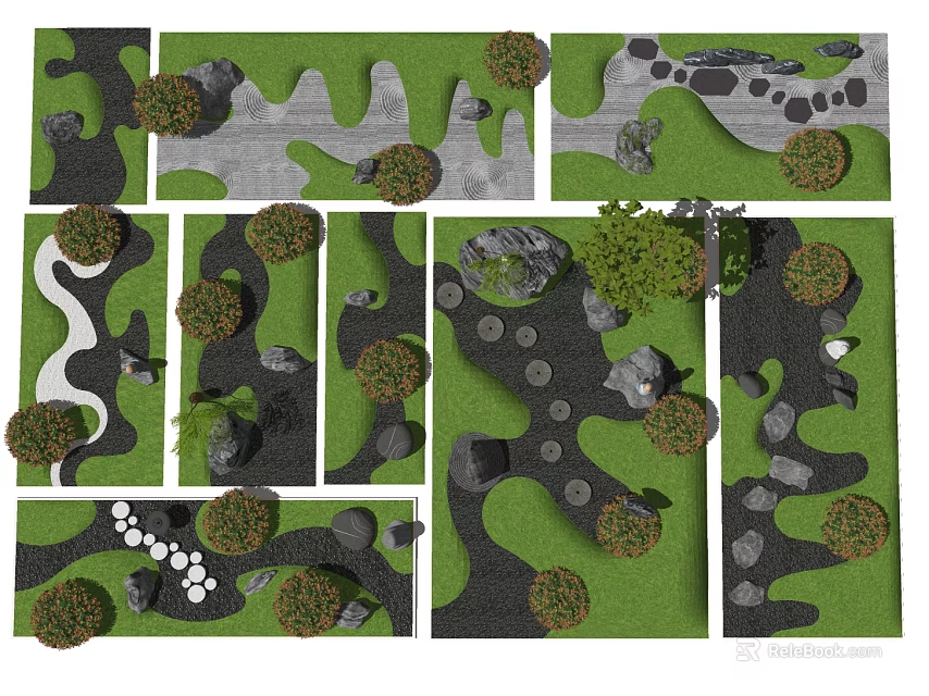 Karesansui Garden Design With Raked Sand Patterns Stone Arrangements And Mossy Plants 3d model 