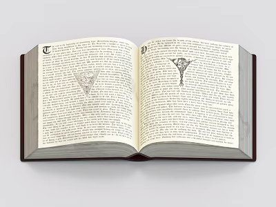 Open Book With Dark Cover And White Pages Featuring Text And Geometric Illustrations 3d model