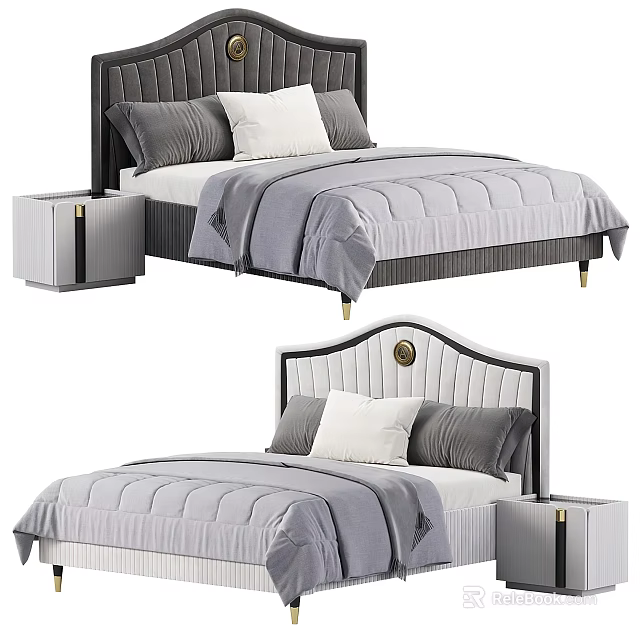 Elegant Modern Double Bed With Upholstered Headboard Gray Quilted Bedding And White Nightstand 3d model