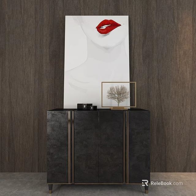 Black Console Table Side Cabinet with Gold Trim Decorative Painting Red Lips and Small Objects 3d model 