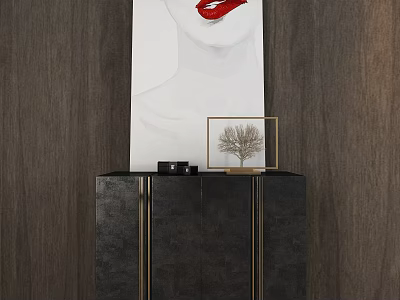 Black Console Table Side Cabinet with Gold Trim Decorative Painting Red Lips and Small Objects 3d model