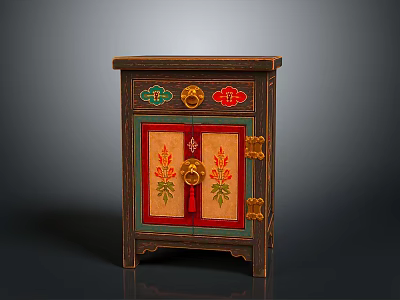 Traditional Chinese Style Wooden Cabinet With Red Green Floral Doors And Golden Accents 3d model