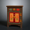 Traditional Chinese Style Wooden Cabinet With Red Green Floral Doors And Golden Accents