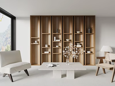 Modern Living Room Interior With Wooden Display Cabinet And Furniture 3d model