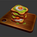 Stacked Sandwich With Fried Egg Green Sauce Tomato Slices On Wooden Cutting Board