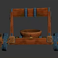 Medieval Ancient Catapult Weapon With Wooden Structure Wheels And Throwing Basket 3d model