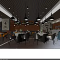 Coffee Expert Restaurant Interior With Wooden Ceiling Marble Counter Pendant Lights And Plants