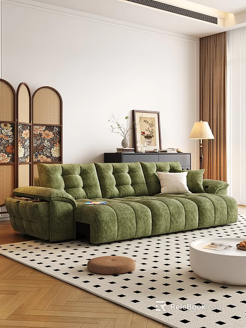 Green Velour Multi Person Sofa with Decorative Art and Floor Lamp in Modern Living Room 3d model 