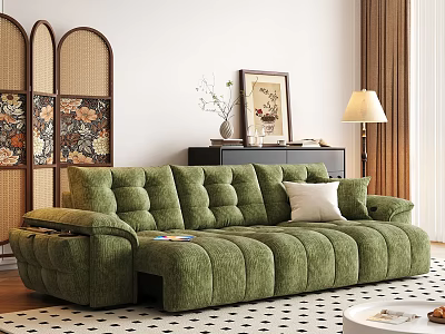 Green Velour Multi Person Sofa with Decorative Art and Floor Lamp in Modern Living Room 3d model