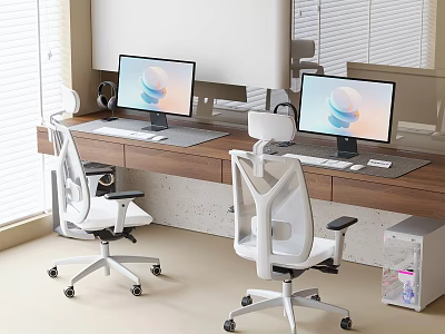 Modern Office Desk Chair Set With Two Wooden Desks White Ergonomic Chairs And Computer Monitors 3d model
