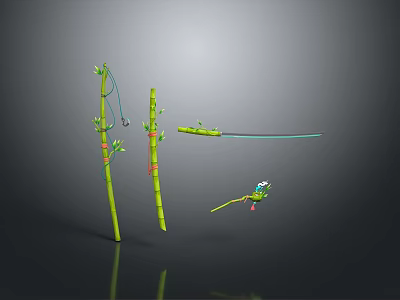 Small Figure And Frog Character On Bamboo Stalks With Red Bands And Green Leaves 3d model