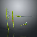 Small Figure And Frog Character On Bamboo Stalks With Red Bands And Green Leaves