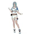 Woman With Blue Gray Hair Wearing Blue And White Short Sleeved Top Shorts White Gloves