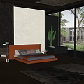 Modern Background Double Bed With Orange Leather Headboard Nightstand Cactus And Large Window View 3d model
