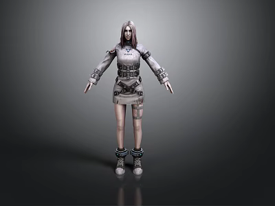 3D Female Character Model With Futuristic Outfit Standing On Gray Background 3d model