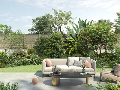 Modern Patio Garden Outdoor Space With Gray Sofa Coffee Table And Lush Green Plants 3d model