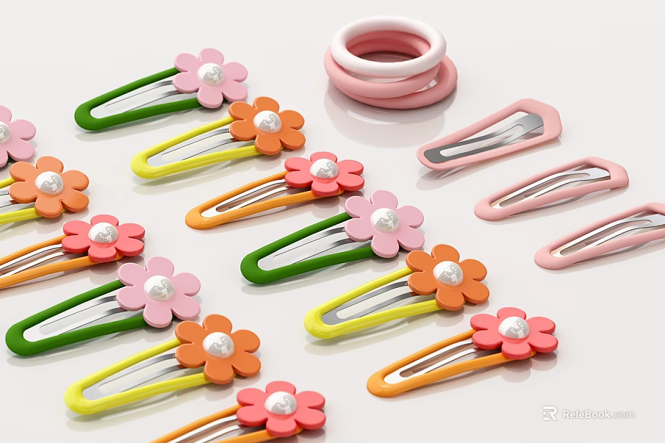 Colorful Flower Shaped Hair Clips And Pink Hair Rings For Daily Use 3d model 