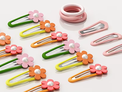 Colorful Flower Shaped Hair Clips And Pink Hair Rings For Daily Use 3d model