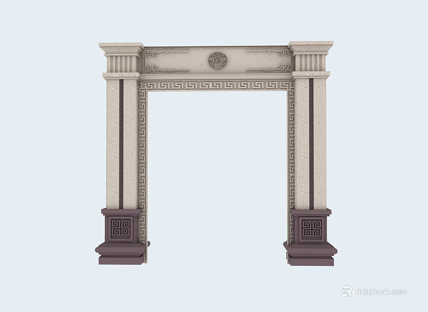 Classical Style Entrance Door With Decorative Columns Circular Ornament And Carved Patterns 3d model 
