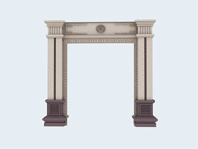 Classical Style Entrance Door With Decorative Columns Circular Ornament And Carved Patterns 3d model