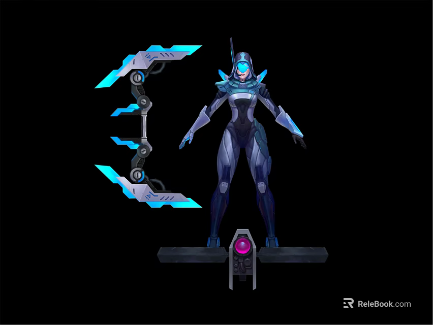 Mechanical Character With Blue Armor Helmet And Blue Glowing Weapons On Purple Core Platform 3d model 