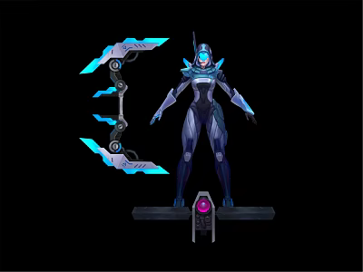Mechanical Character With Blue Armor Helmet And Blue Glowing Weapons On Purple Core Platform 3d model