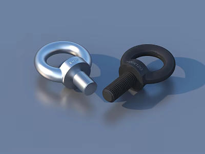 Silver And Black Metal Eye Bolts With Ring Design On Blue Background 3d model