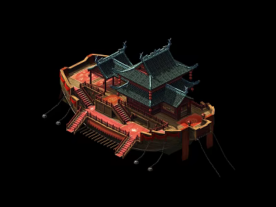 Traditional Chinese Wooden Boat With Classic Architecture Tile Roof Red Deck And Stairs 3d model