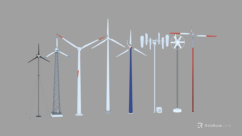 Multiple Wind Turbine Models As Industrial Equipment Featuring Different Designs 3d model