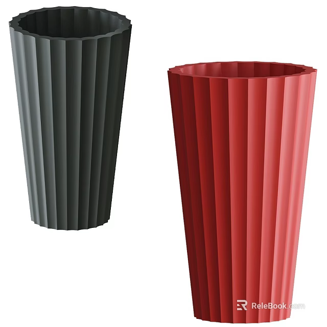 Tall Pleated Dark Gray And Red Cylindrical Vases For Modern Home Decor 3d model 