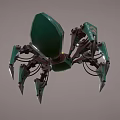 3D Mechanical Spider Character With Green Legs And Yellow Glowing Lights
