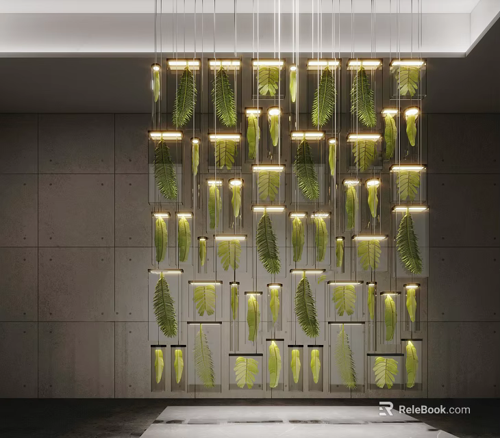 Modern Hanging Screen Design With Green Leaf Decorations And Illuminated Panels 3d model 