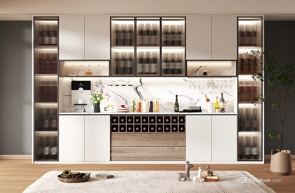 Elegant Modern Wine Cabinet With Glass Doors Marble Countertop And Wine Bottles 3d model 