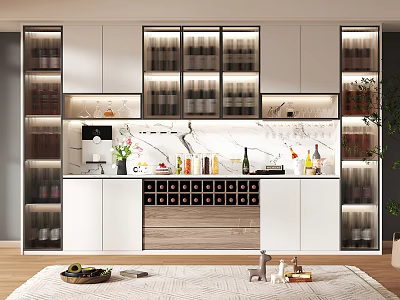 Elegant Modern Wine Cabinet With Glass Doors Marble Countertop And Wine Bottles 3d model