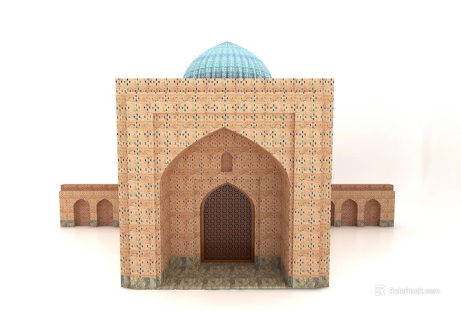 Traditional Islamic Architecture With Brick Walls Blue Dome And Arched Doorway 3d model 