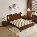 Modern Bedroom Interior with Wooden Double Bed Headboard Nightstand Table Lamp Decorative Paintings and Blinds