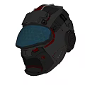 Futuristic Mechanical Helmet With Blue Visor Black Armor And Red Accents Design
