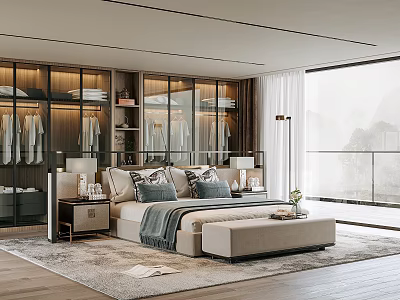 Elegant Modern Bedroom Interior With Glass Door Wardrobe Accent Pillows And Floor to Ceiling Window 3d model