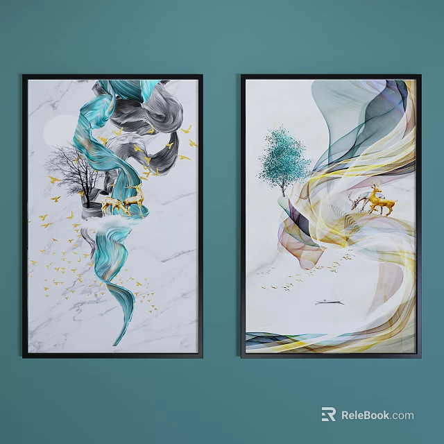 Modern Decorative Paintings Featuring Flowing Lines Deer Tree Moon And Flying Birds On Marble 3d model 