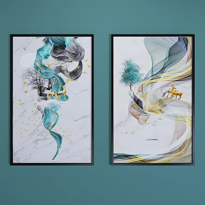 Modern Decorative Paintings Featuring Flowing Lines Deer Tree Moon And Flying Birds On Marble 3d model
