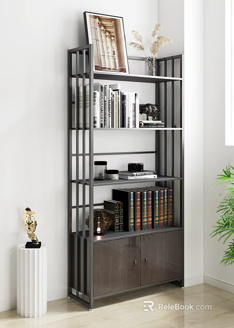 Modern Decorative Cabinet with Books Decorative Items and Metal Frame Shelves 3d model 