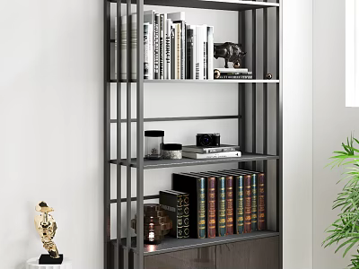 Modern Decorative Cabinet with Books Decorative Items and Metal Frame Shelves 3d model