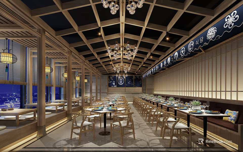 Spacious Traditional Restaurant Interior With Wooden Ceiling Chandeliers Long Dining Tables And Chairs 3d model 