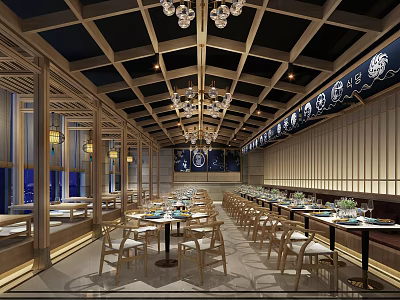 Spacious Traditional Restaurant Interior With Wooden Ceiling Chandeliers Long Dining Tables And Chairs 3d model