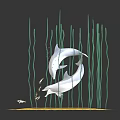 Playful Dolphins Interacting With Small Fish In Yellow Circular Area With Hanging Strings 3d model