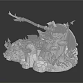 Golden Fantasy Weapons And Decorative Elements With Axe Shield Barrels And Flames