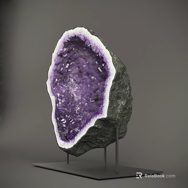 Natural Purple Amethyst Geode Decorative Ornament With White Rim And Metal Stand 3d model 