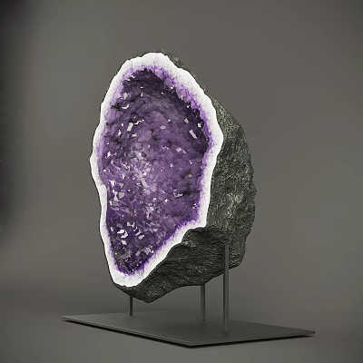 Natural Purple Amethyst Geode Decorative Ornament With White Rim And Metal Stand 3d model