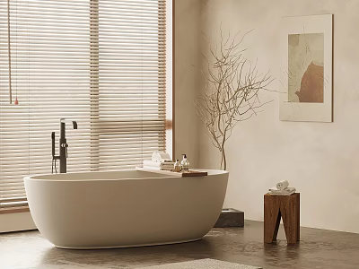 White Freestanding Bathtub In Modern Bathroom With Blinds Decorative Tree Branch Wall Art And Wooden Stool 3d model