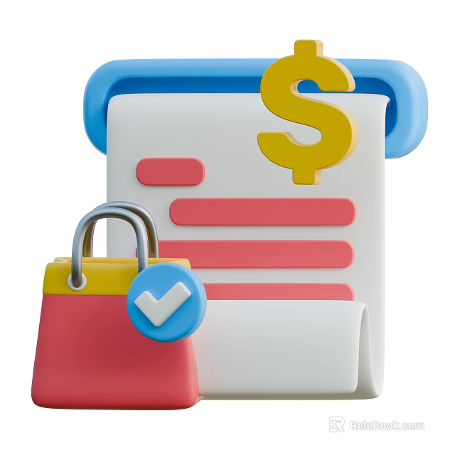 White Notebook with Yellow Dollar Sign and Red Handbag with Lock and Blue Checkmark 3d model 